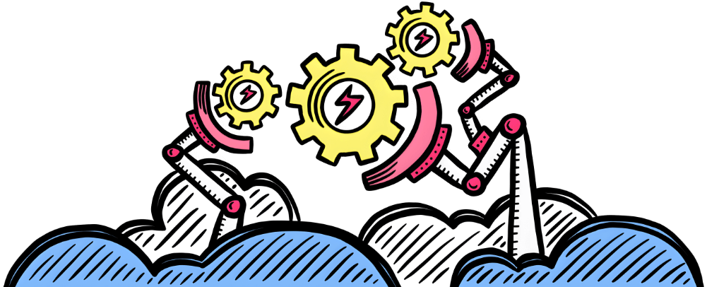 Illustration of robots with gears in clouds. Colors are pink, yellow, blue and white.