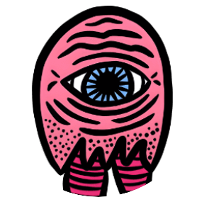 Illustration of pink alien with one blue eye.
