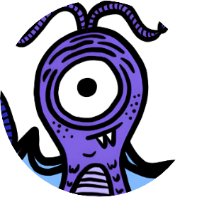 Illustration of an alien portrait. Its purple with one eye and tentacles coming from its head. its cute.