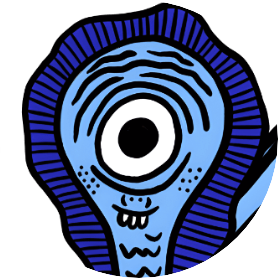 Illustration of blue alien with one eye and buck teeth.